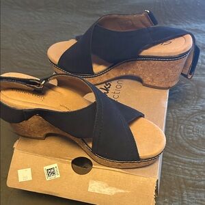 Clarks Black and Tan Wedge Sandals